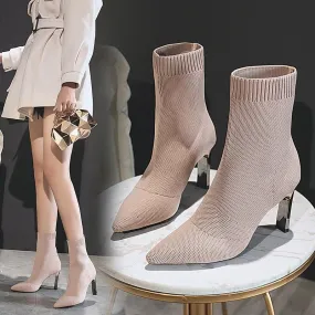 Pointed Toe Sock Boots Women's Chunky Heel  Spring New High Heels Stretch Boots Flat Heel Woolen Yarn Boots Fashion Short Boots