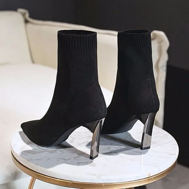 Pointed Toe Sock Boots Women's Chunky Heel  Spring New High Heels Stretch Boots Flat Heel Woolen Yarn Boots Fashion Short Boots