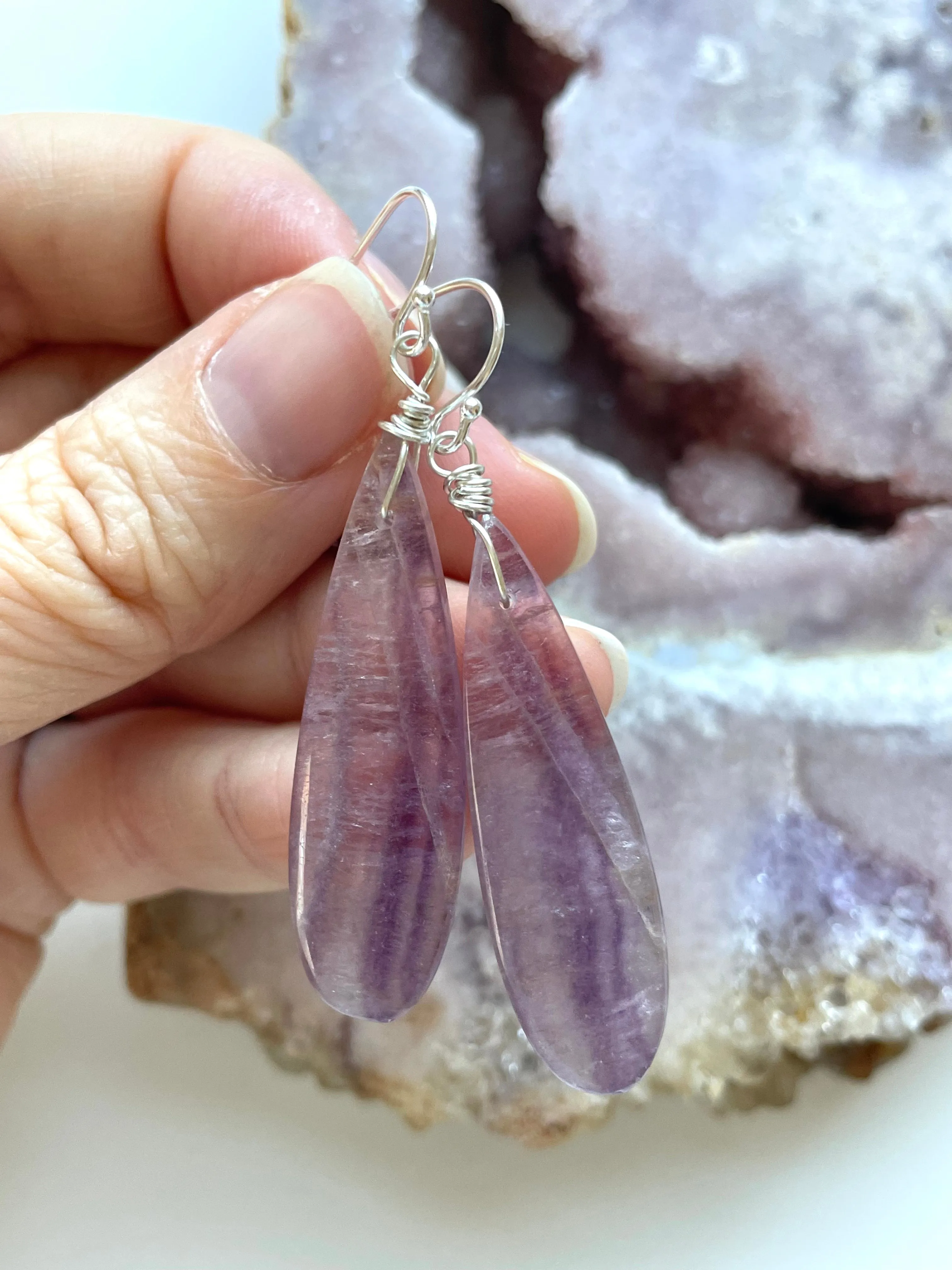 Purple Fluorite Earrings Sterling Silver