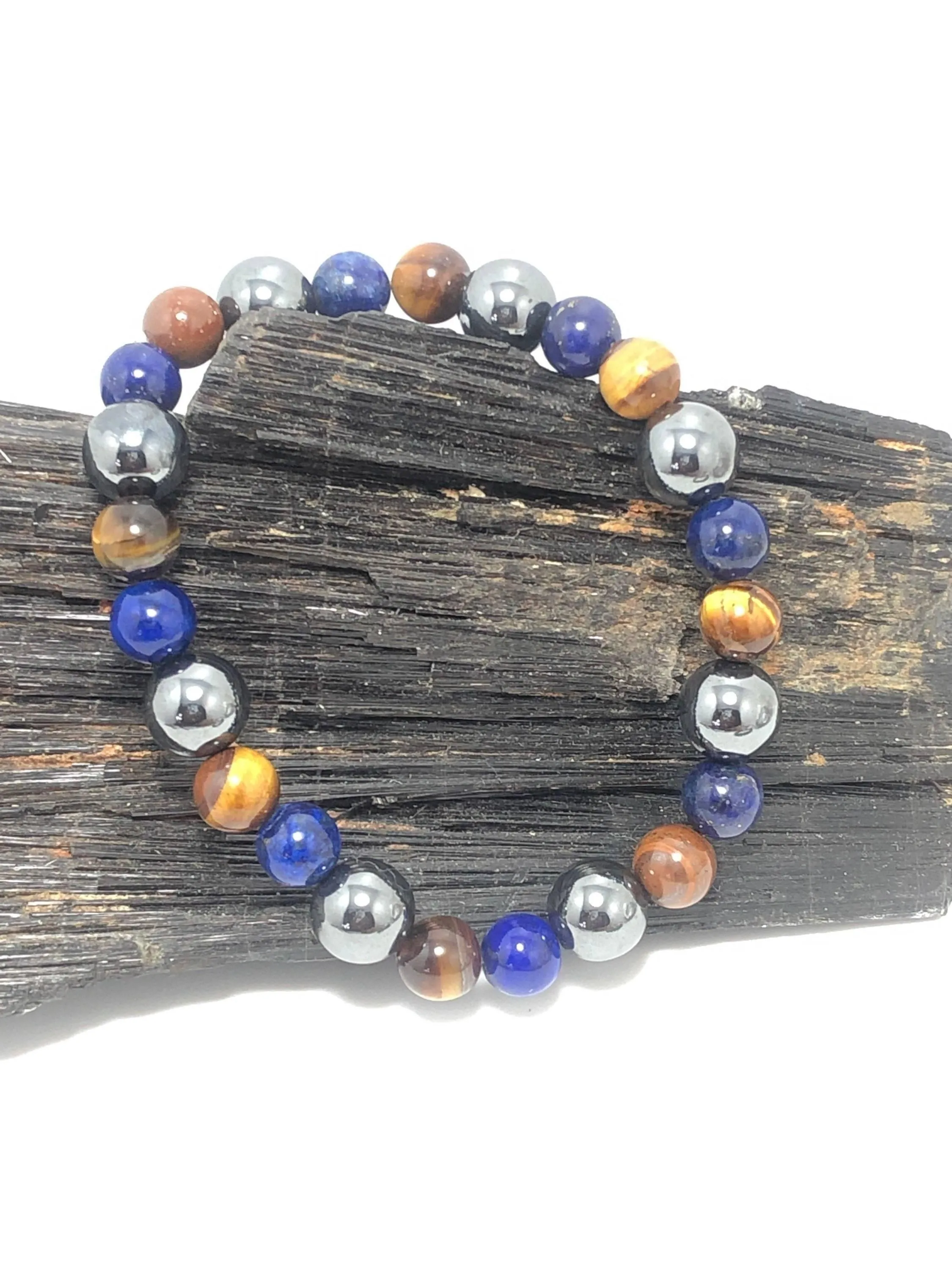 Pyrite “Fools Gold” , Tigers Eye, Lapis Lazuli Stretchy Bracelet