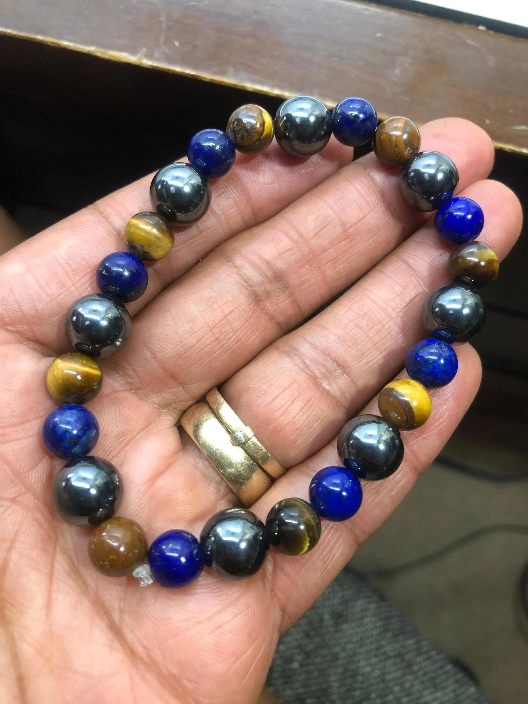 Pyrite “Fools Gold” , Tigers Eye, Lapis Lazuli Stretchy Bracelet