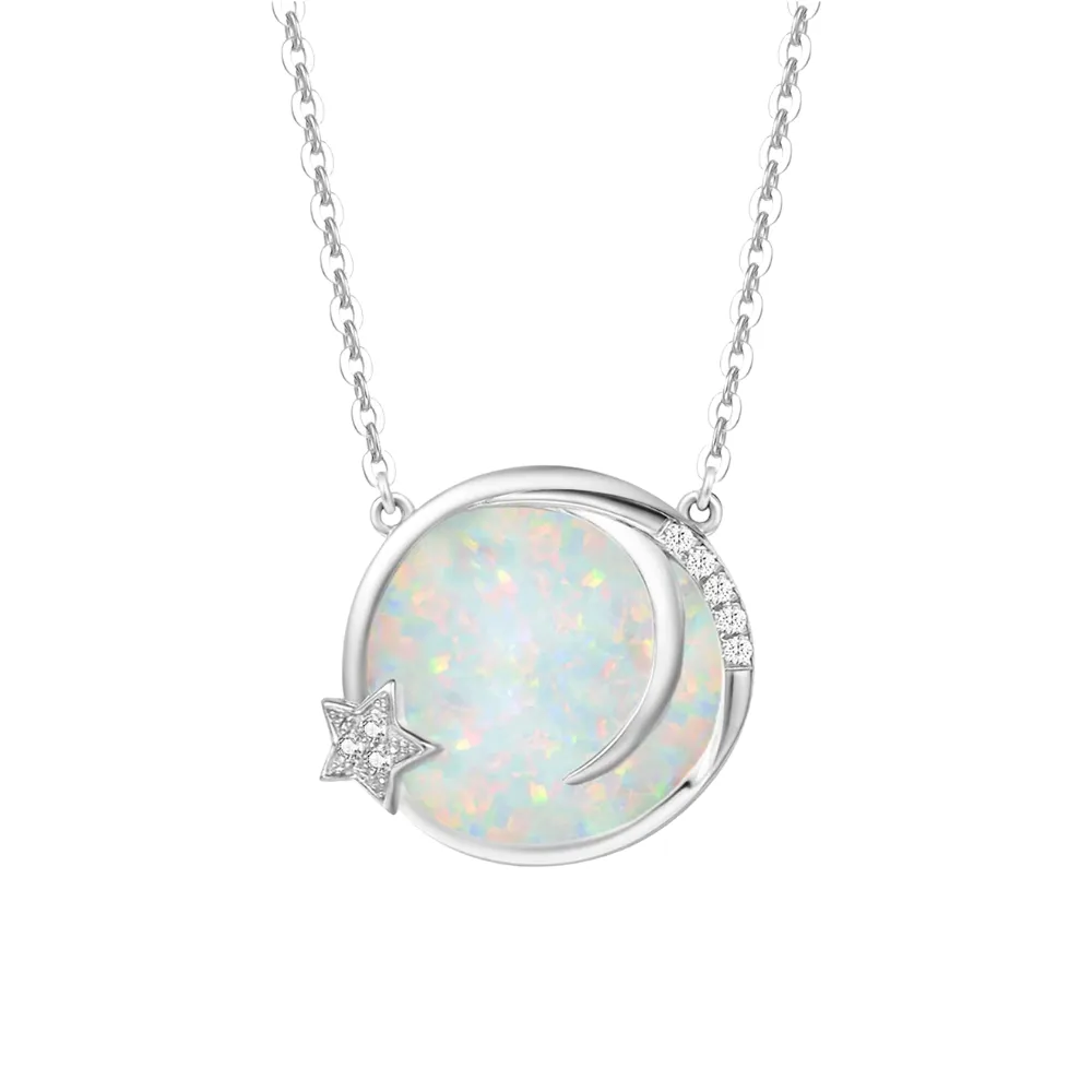 "Dreamy Wish" Opal Moon Star Disc 14K Gold Necklace