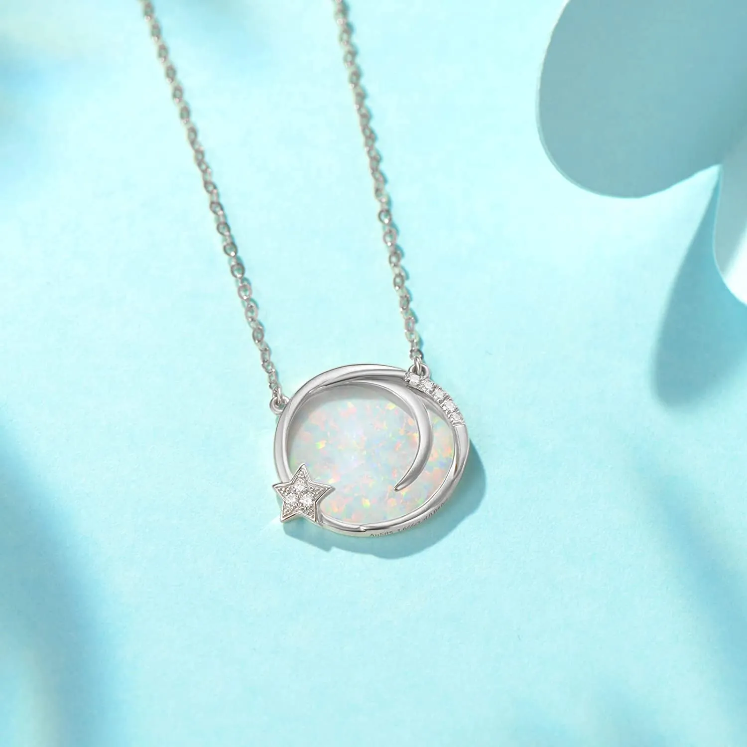 "Dreamy Wish" Opal Moon Star Disc 14K Gold Necklace