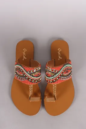 Qupid Beadwork Toe Ring Flat Sandals