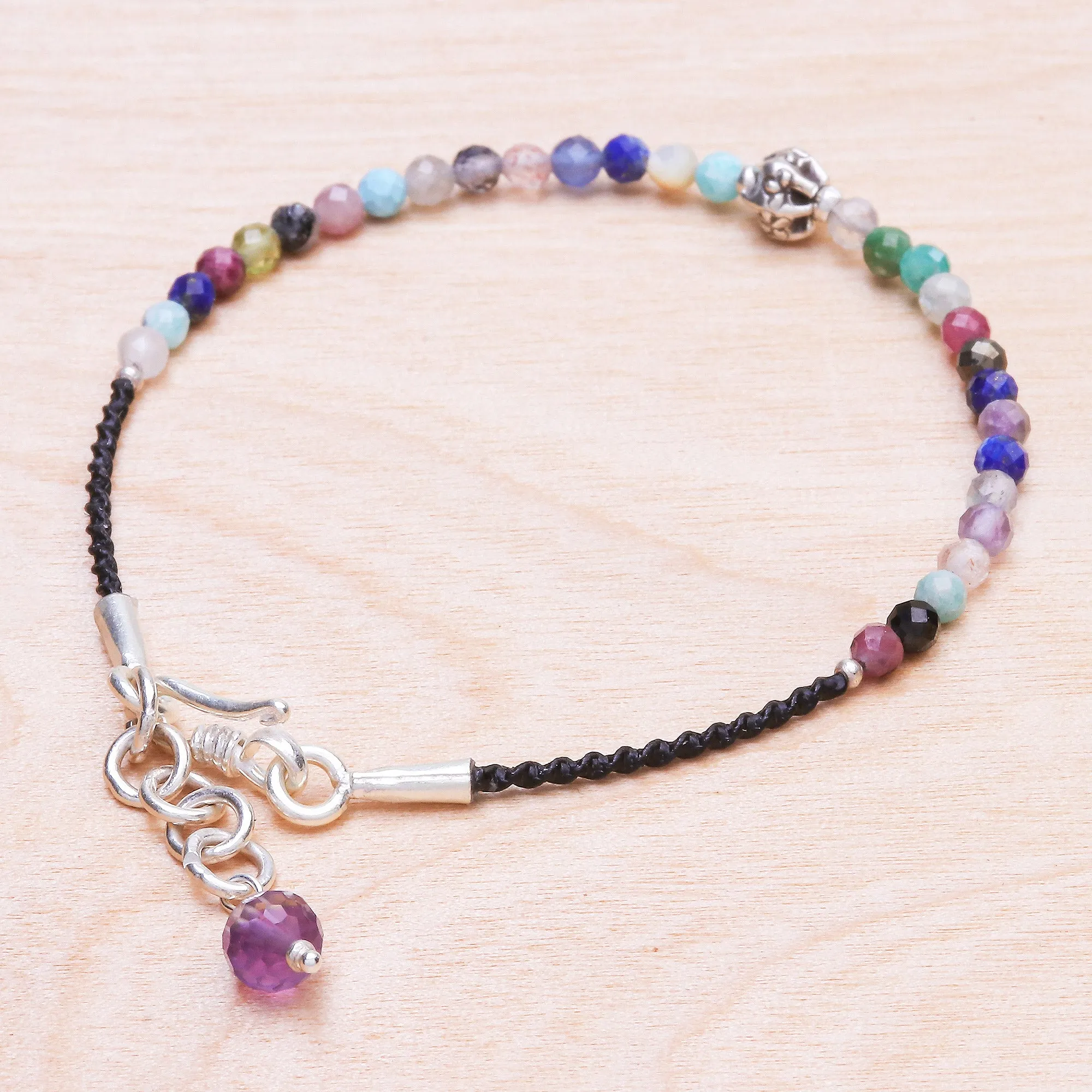 Rainbow Sunset Multi-Gemstone Beaded Cord Bracelet with Karen Silver