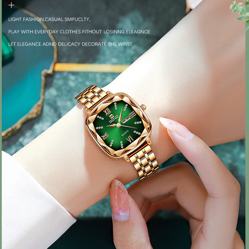 Retro Small Square Watch Square Steel Strap Women's Watch Fashion Double Calendar Quartz Watch