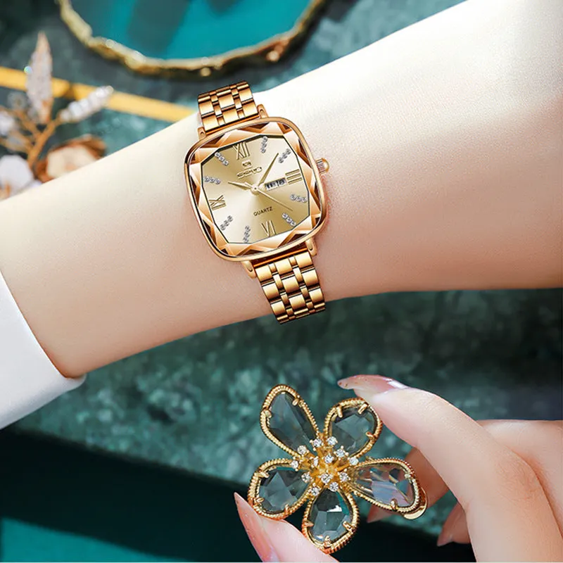 Retro Small Square Watch Square Steel Strap Women's Watch Fashion Double Calendar Quartz Watch