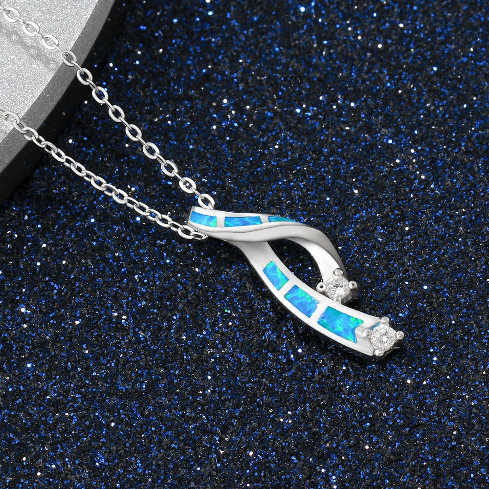 Ribbon Design Blue Opal Zircon Sterling Silver Necklace