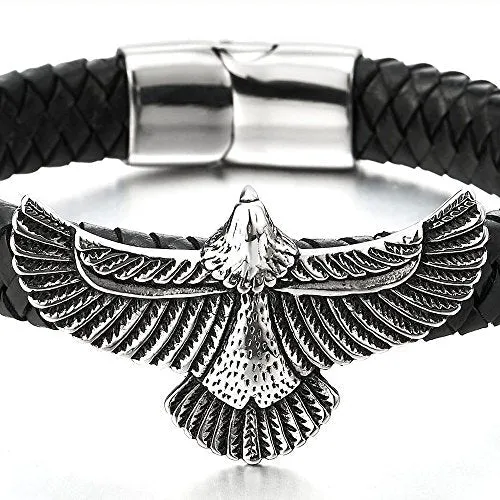 Rock Punk Stainless Steel Flying Eagle Bangle Bracelet Black Braided Leather Wristband for Men