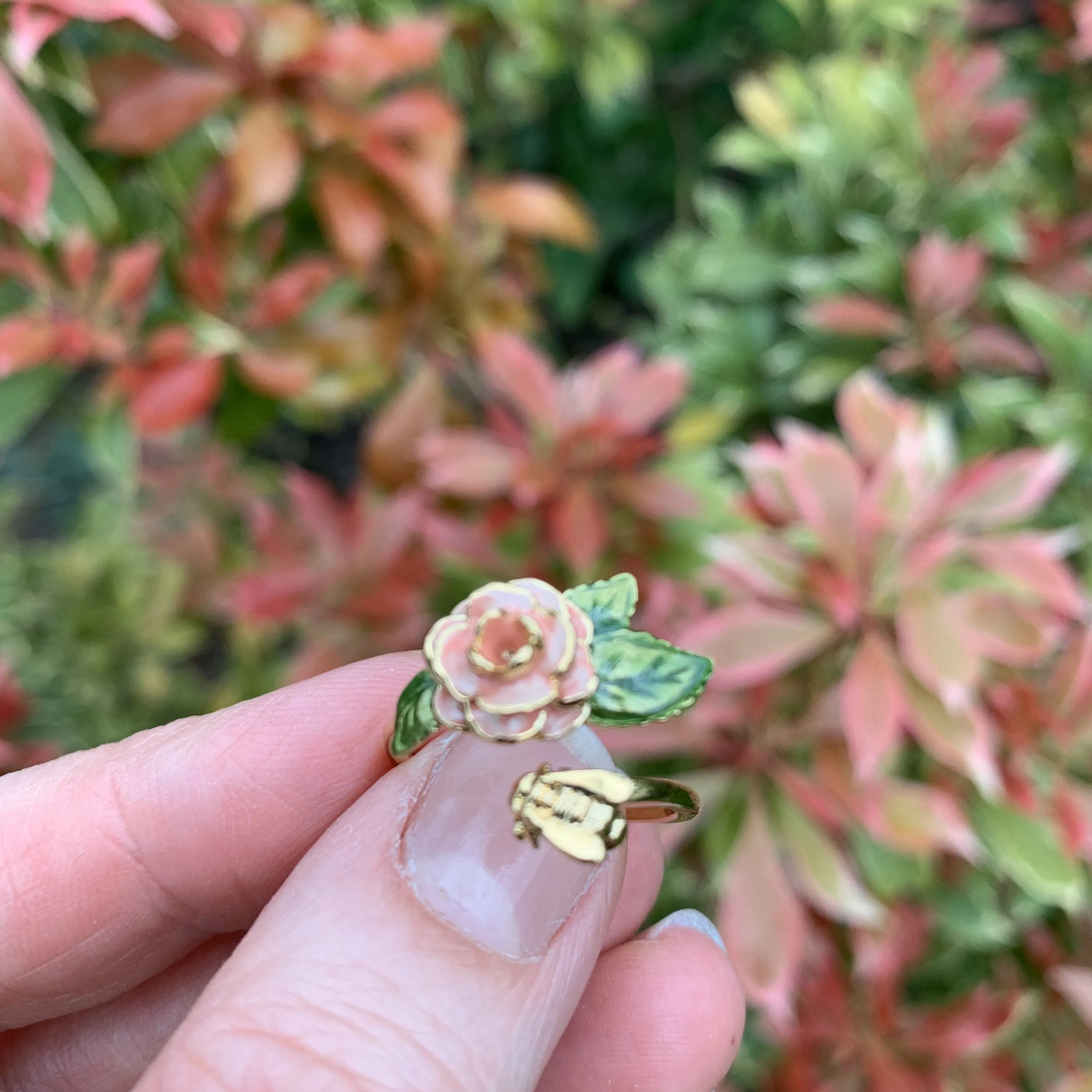 Rose and Bee Ring  by Bill Skinner Pink enamel