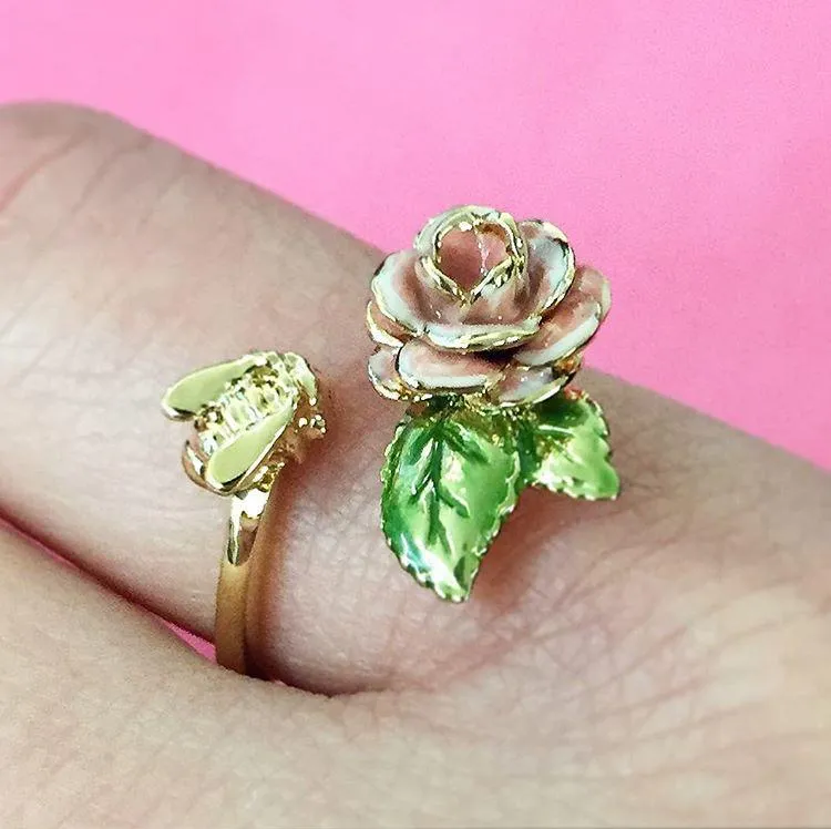 Rose and Bee Ring  by Bill Skinner Pink enamel