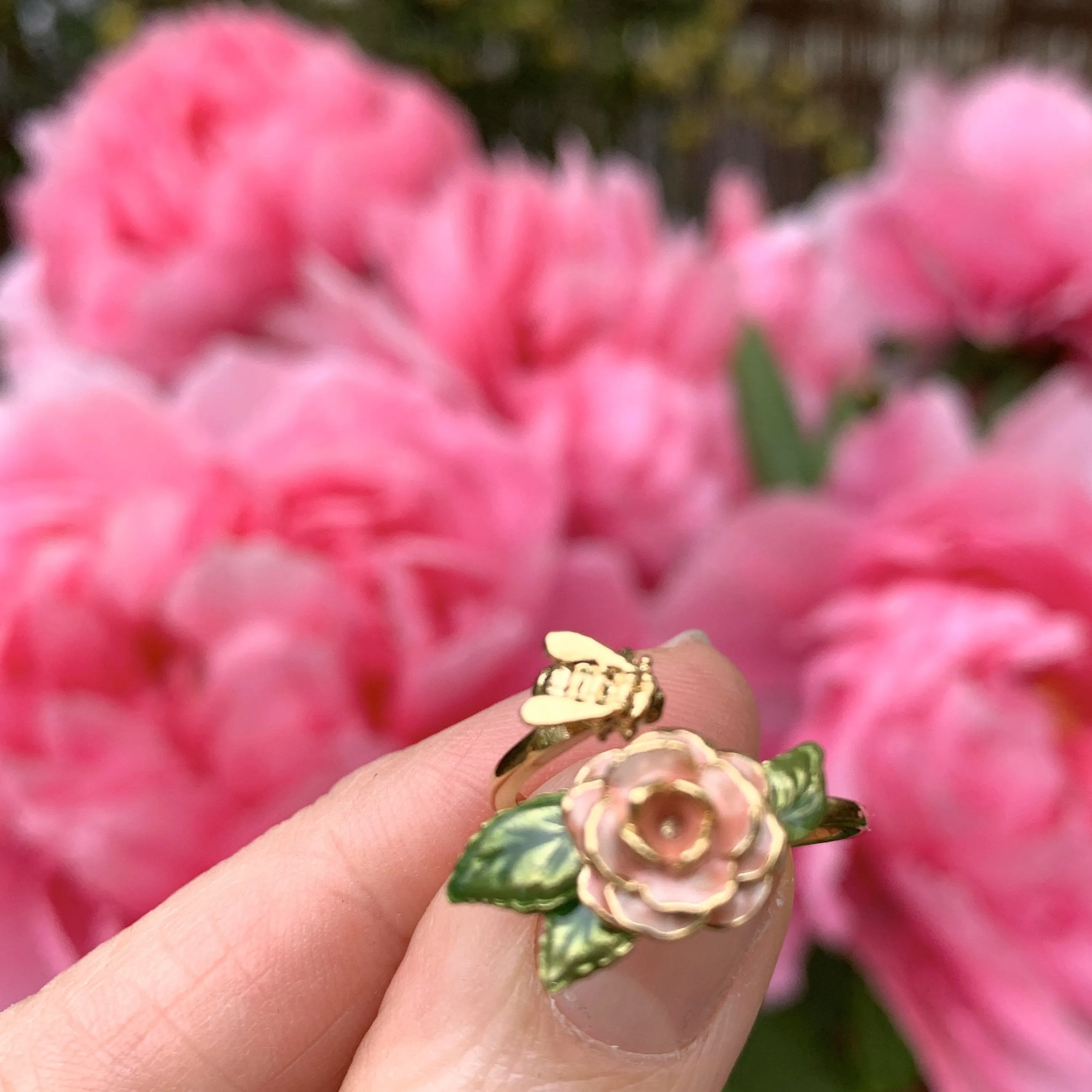 Rose and Bee Ring  by Bill Skinner Pink enamel