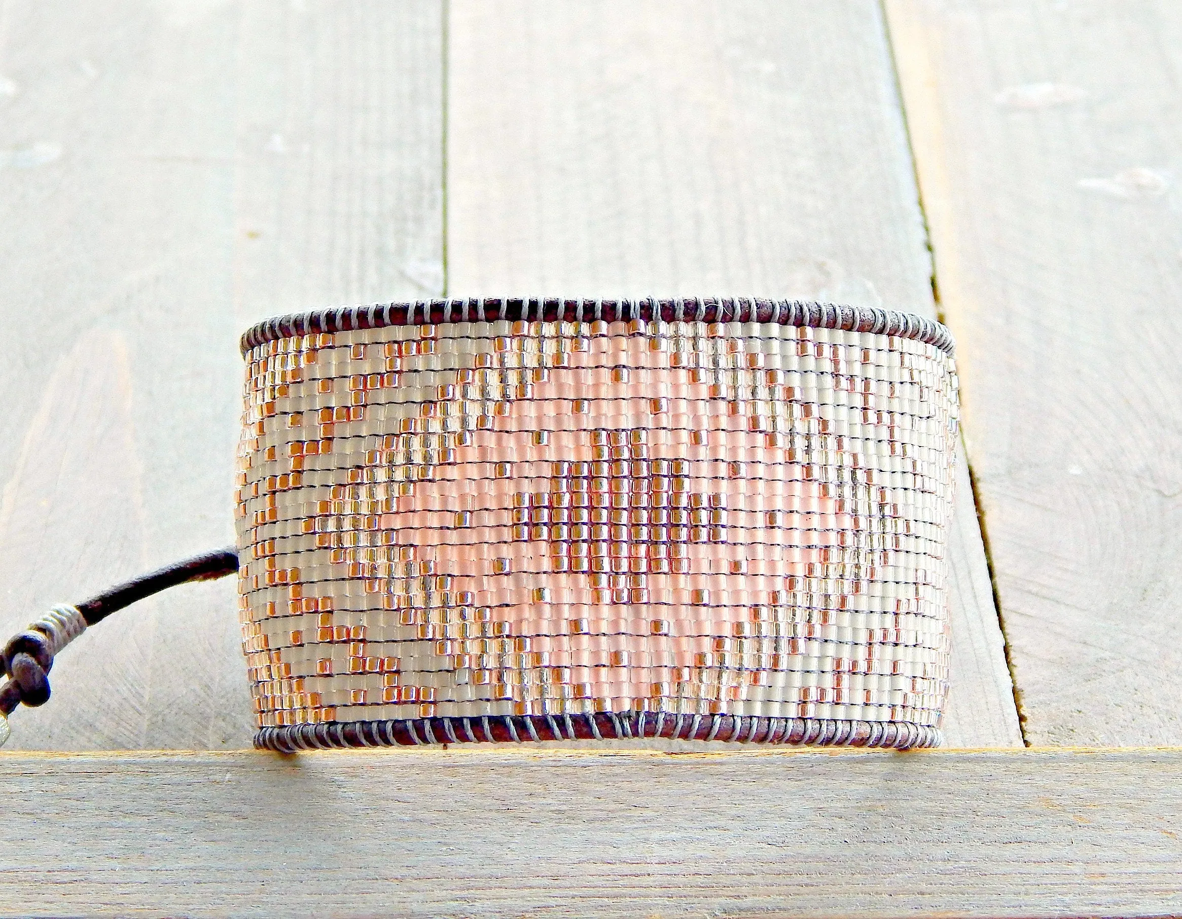 Rose Gold and Silver Extra wide Geometric bead loom woven cuff