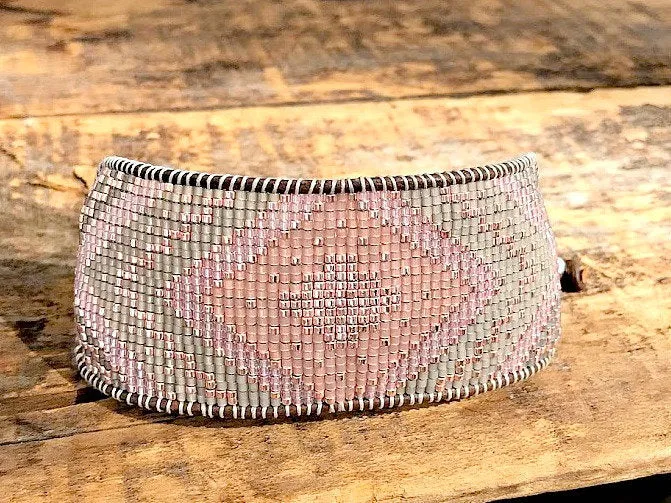 Rose Gold and Silver Extra wide Geometric bead loom woven cuff