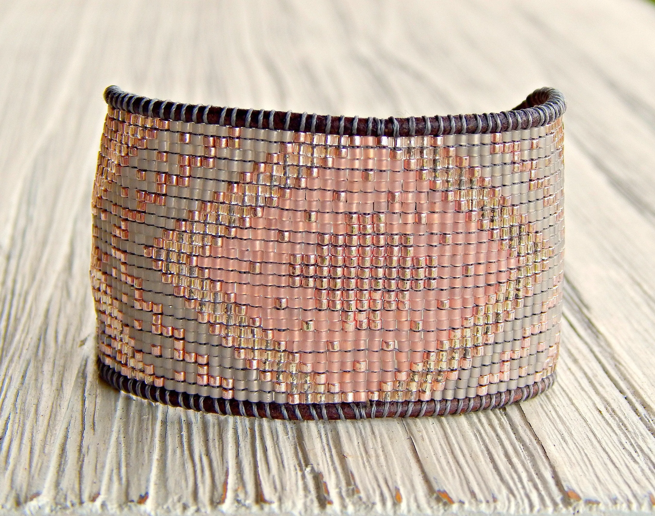 Rose Gold and Silver Extra wide Geometric bead loom woven cuff