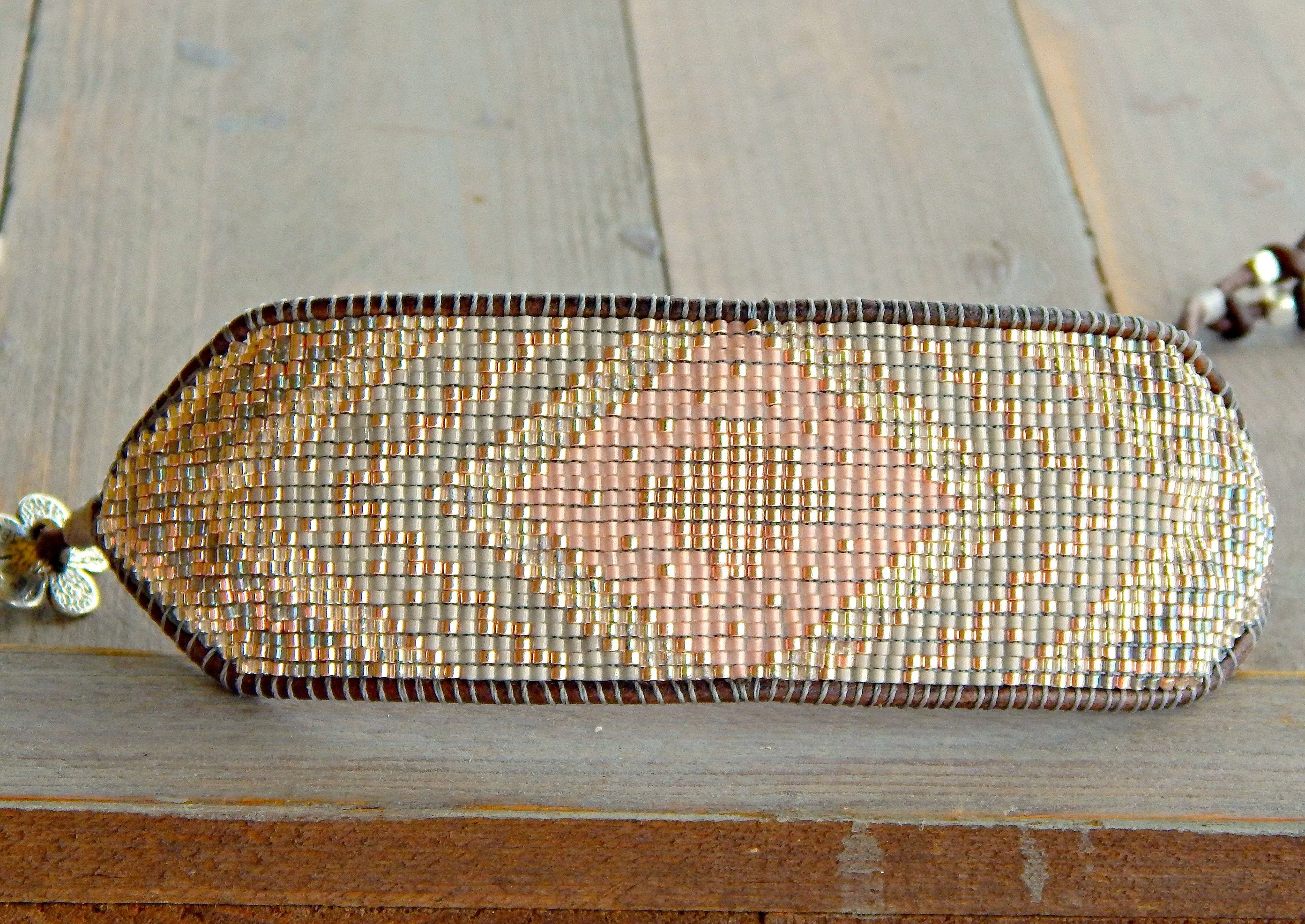 Rose Gold and Silver Extra wide Geometric bead loom woven cuff