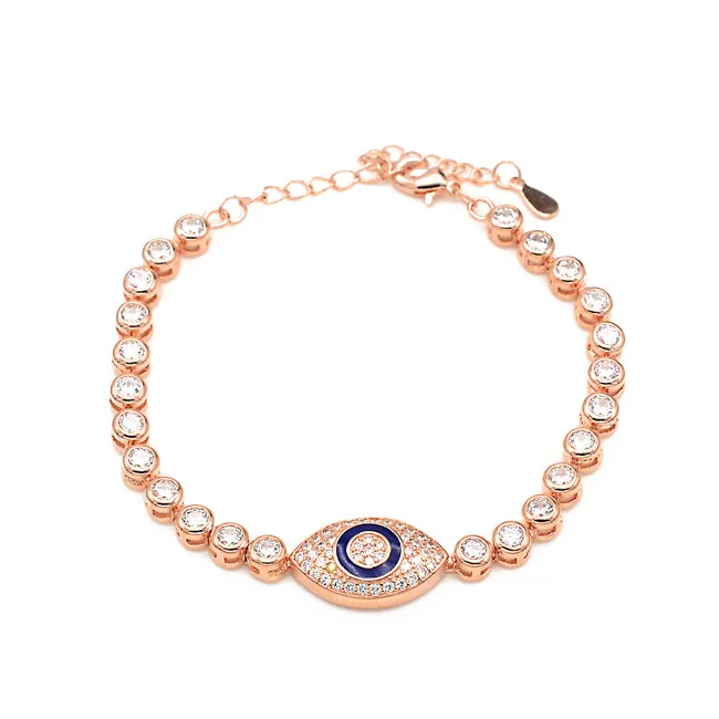 Rose Gold Cubic Zirconia Evil Eye Adjustable Chain Bracelet