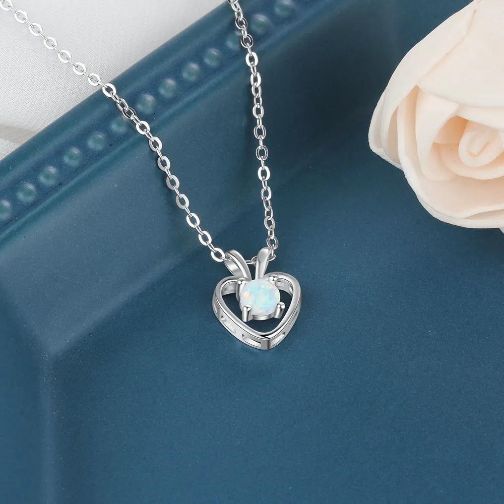 Round Opal Hollow Out Heart Shape Sterling Silver Necklace