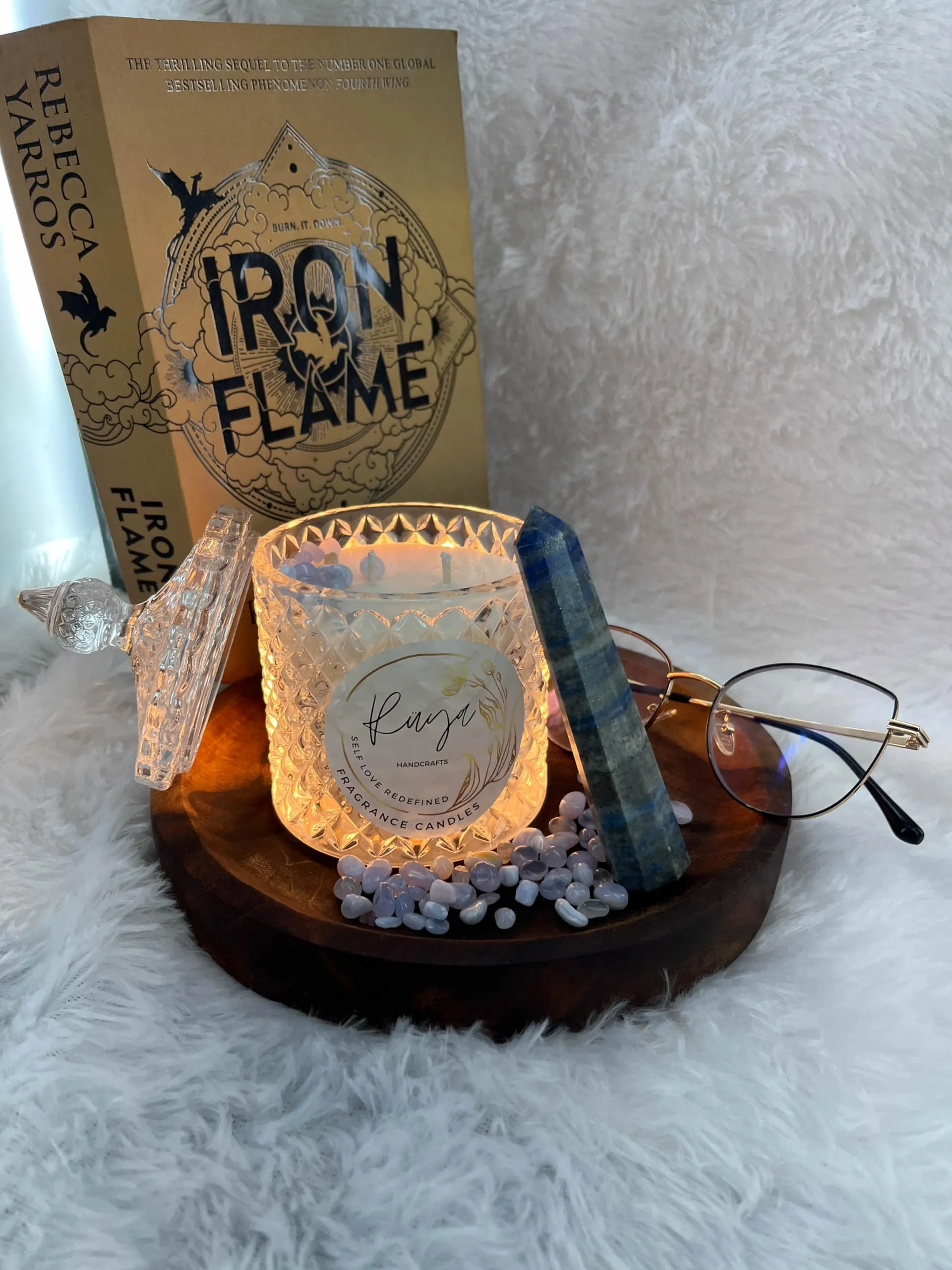 Ruya's Handcrafts Bella Crystal Jar Double Wick Lapis Lazuli Stone | Mood Enhancer That Evokes Childhood Memories, Therapy Candles | Depression Buster Candles (Lush Nodes)