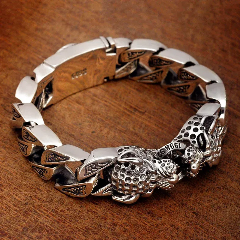 S925 Silver Double Leopard Head Horsetail Woven Bracelet