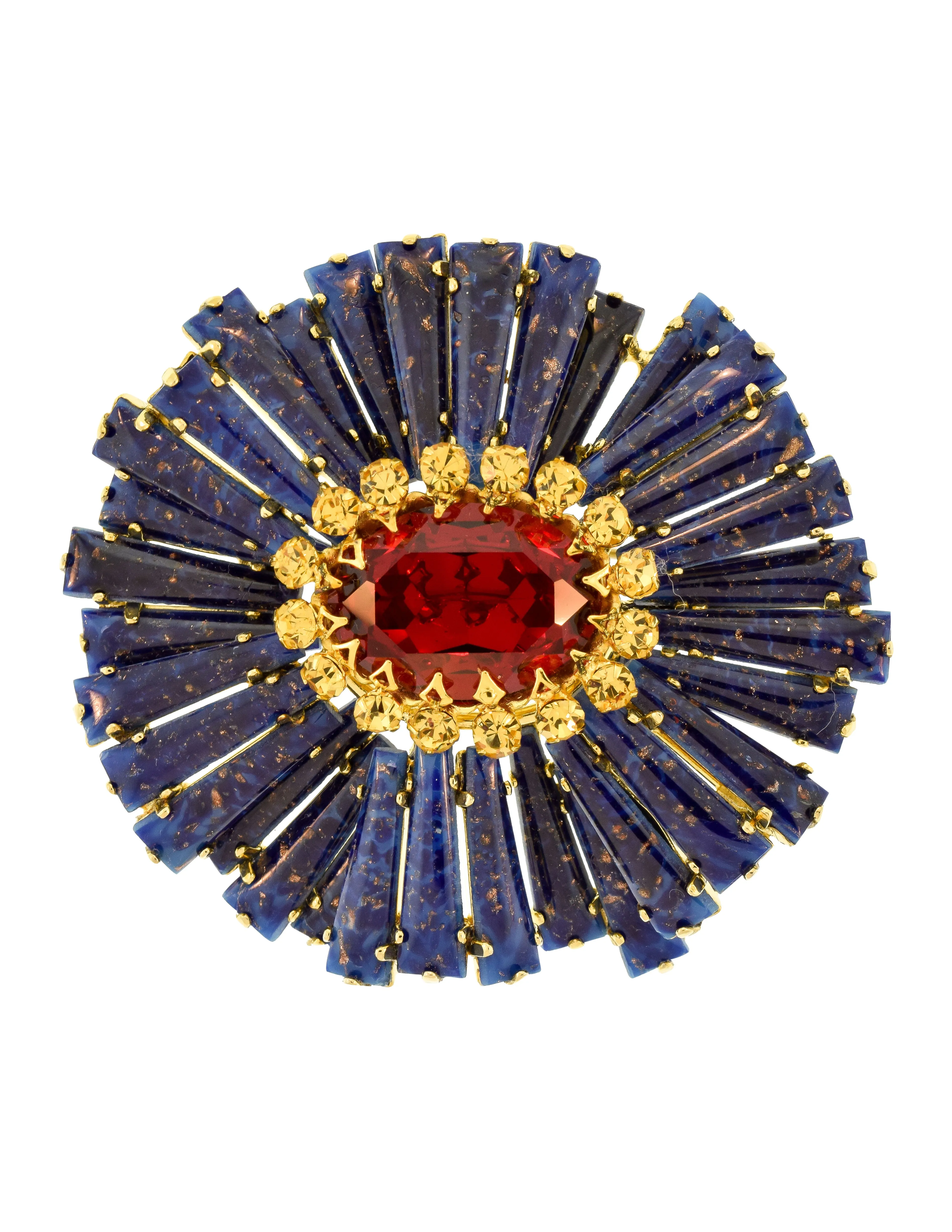 Schreiner Vintage Blue Lapis Red Yellow Gold Ruffle Massive Brooch Pin