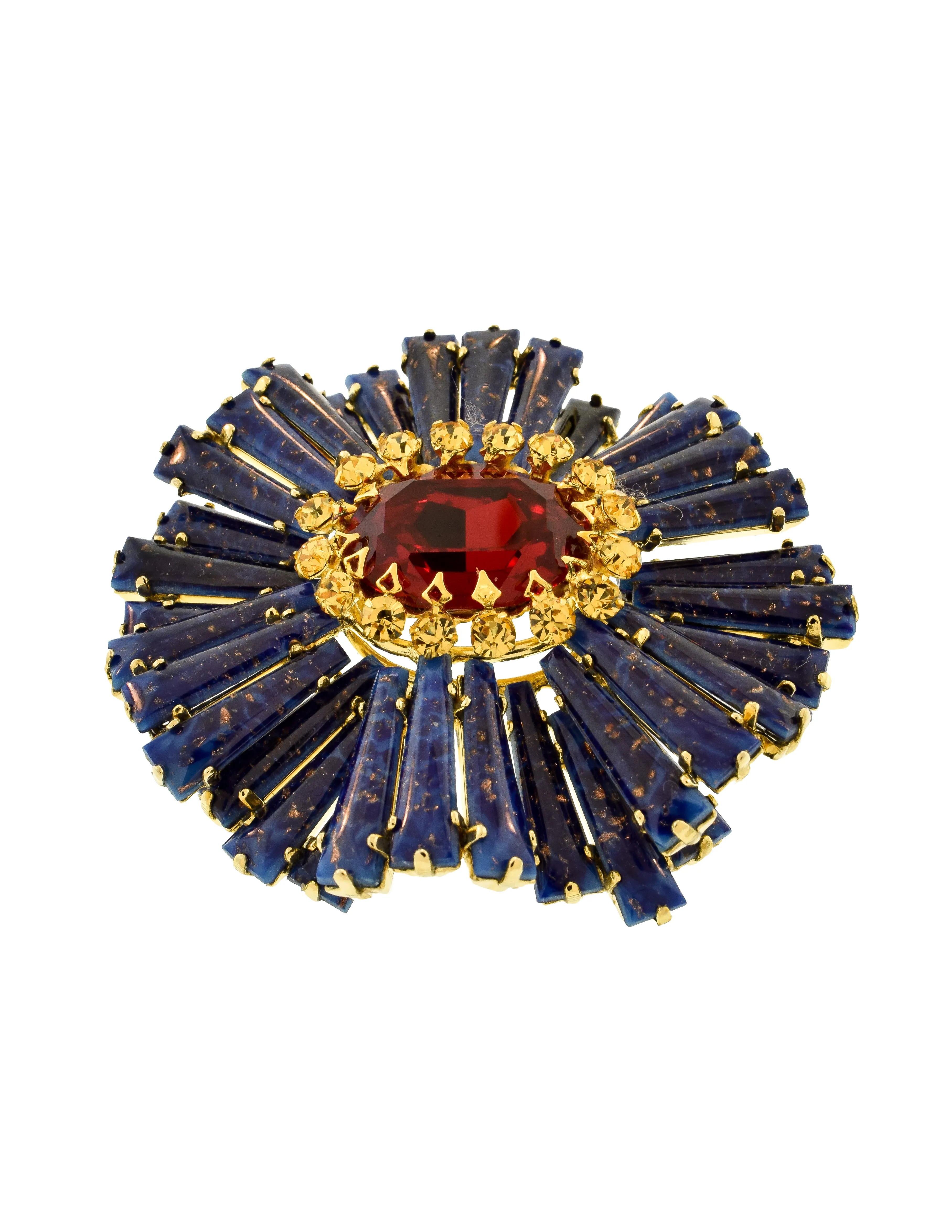 Schreiner Vintage Blue Lapis Red Yellow Gold Ruffle Massive Brooch Pin