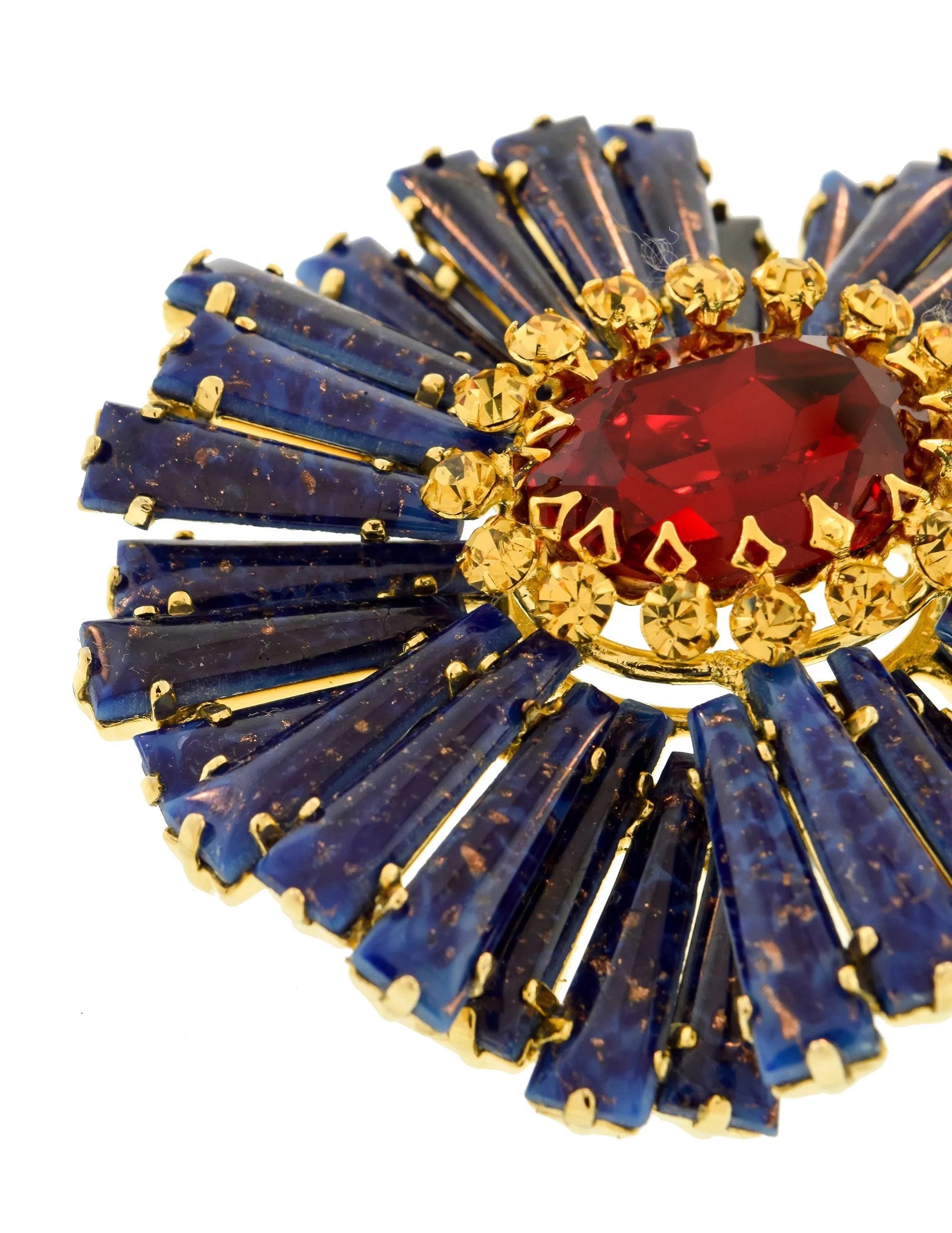 Schreiner Vintage Blue Lapis Red Yellow Gold Ruffle Massive Brooch Pin