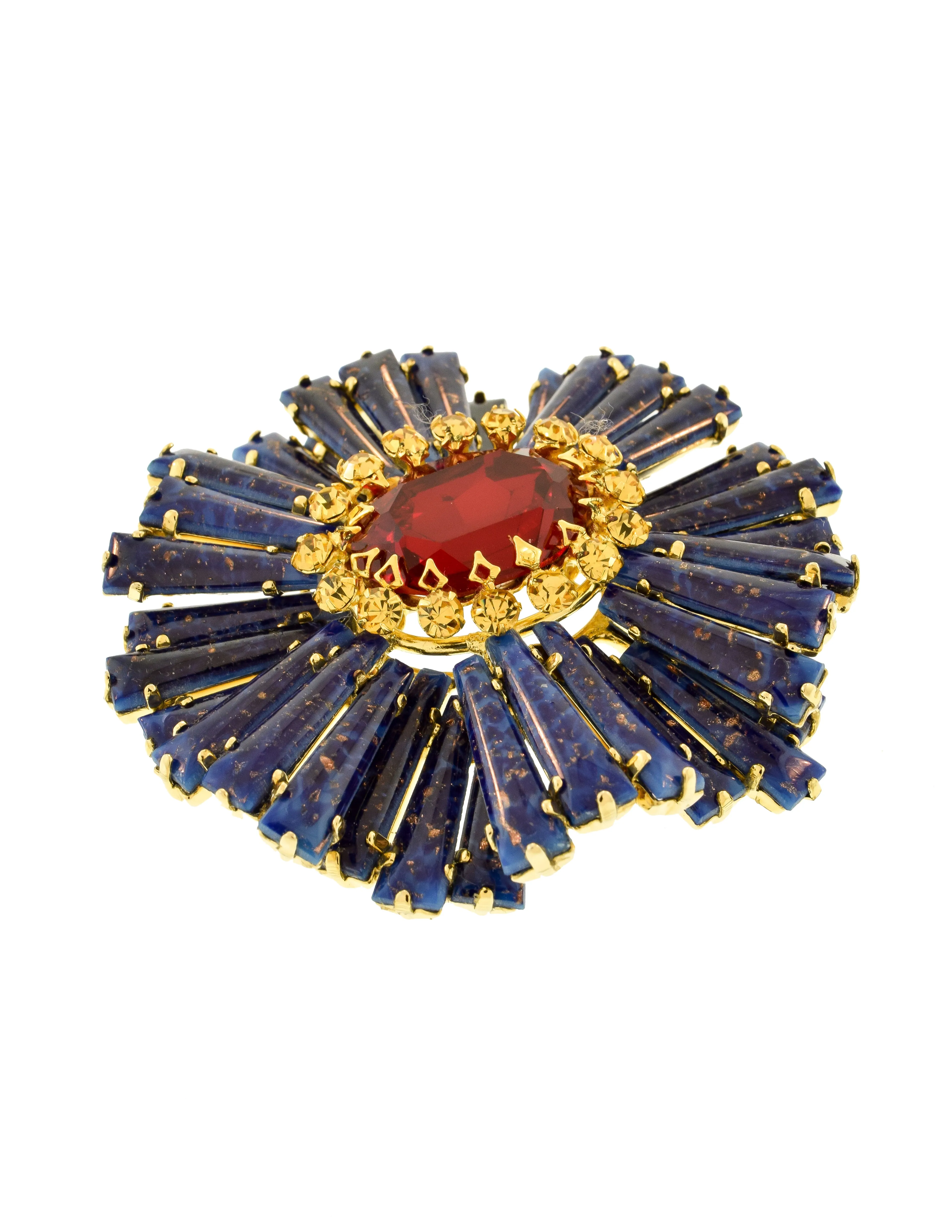 Schreiner Vintage Blue Lapis Red Yellow Gold Ruffle Massive Brooch Pin