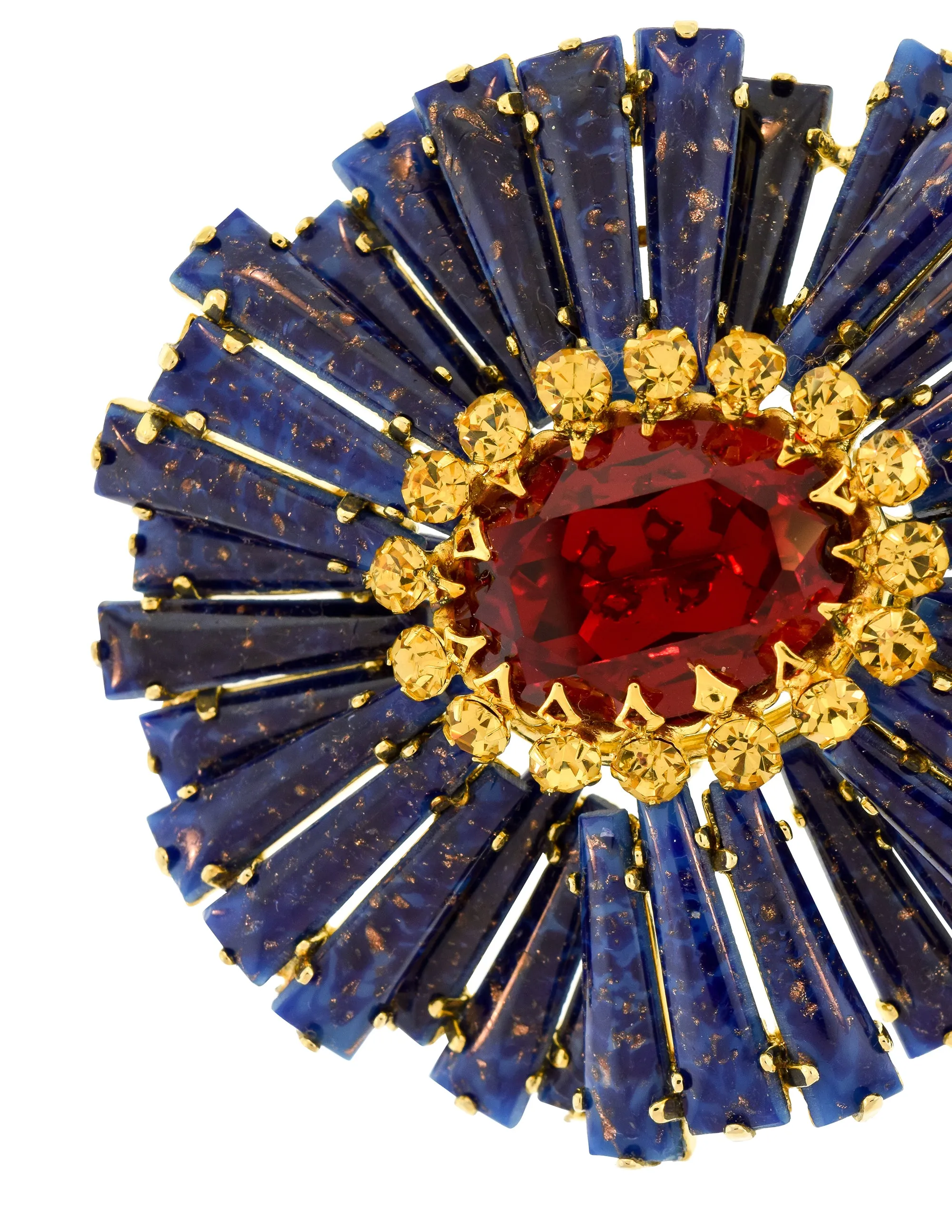 Schreiner Vintage Blue Lapis Red Yellow Gold Ruffle Massive Brooch Pin