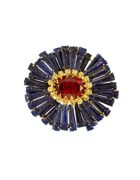 Schreiner Vintage Blue Lapis Red Yellow Gold Ruffle Massive Brooch Pin