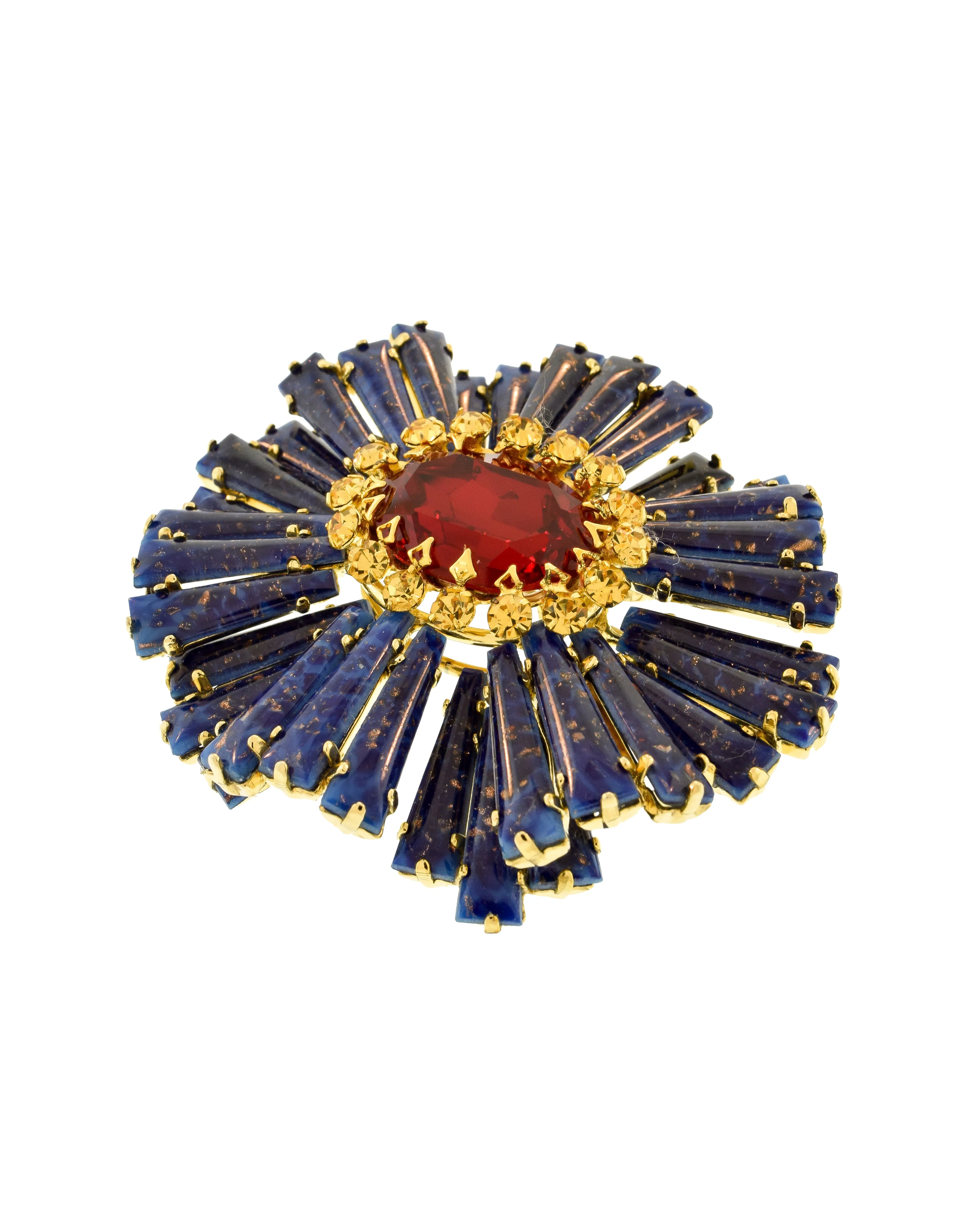 Schreiner Vintage Blue Lapis Red Yellow Gold Ruffle Massive Brooch Pin