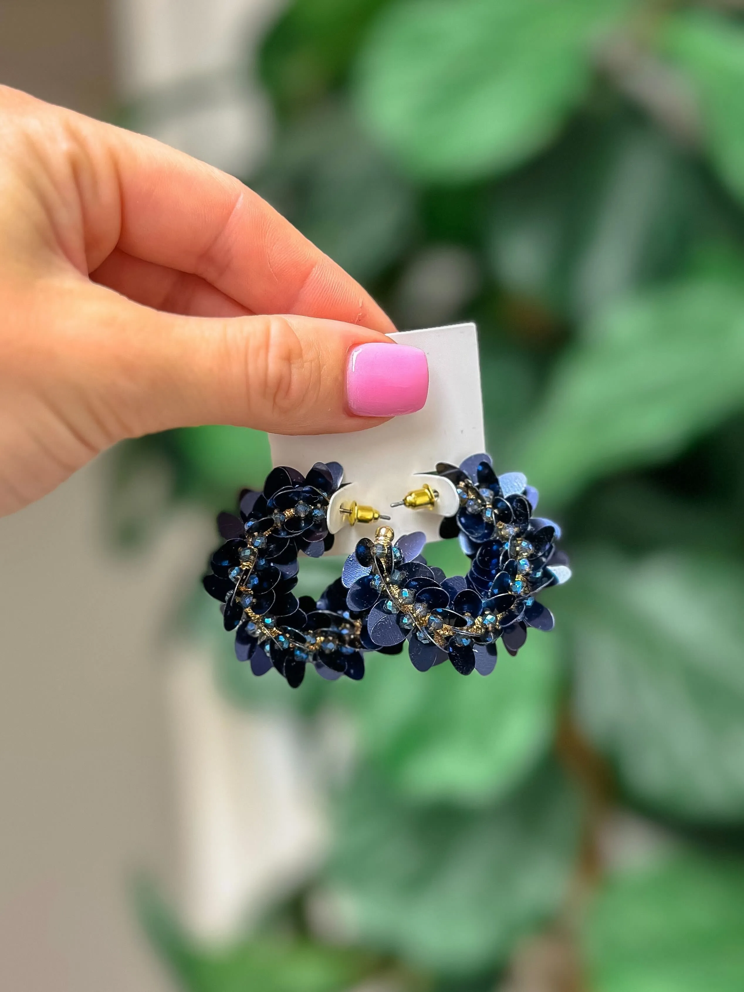 Shiny Sequin Hoop Earrings - Navy Blue