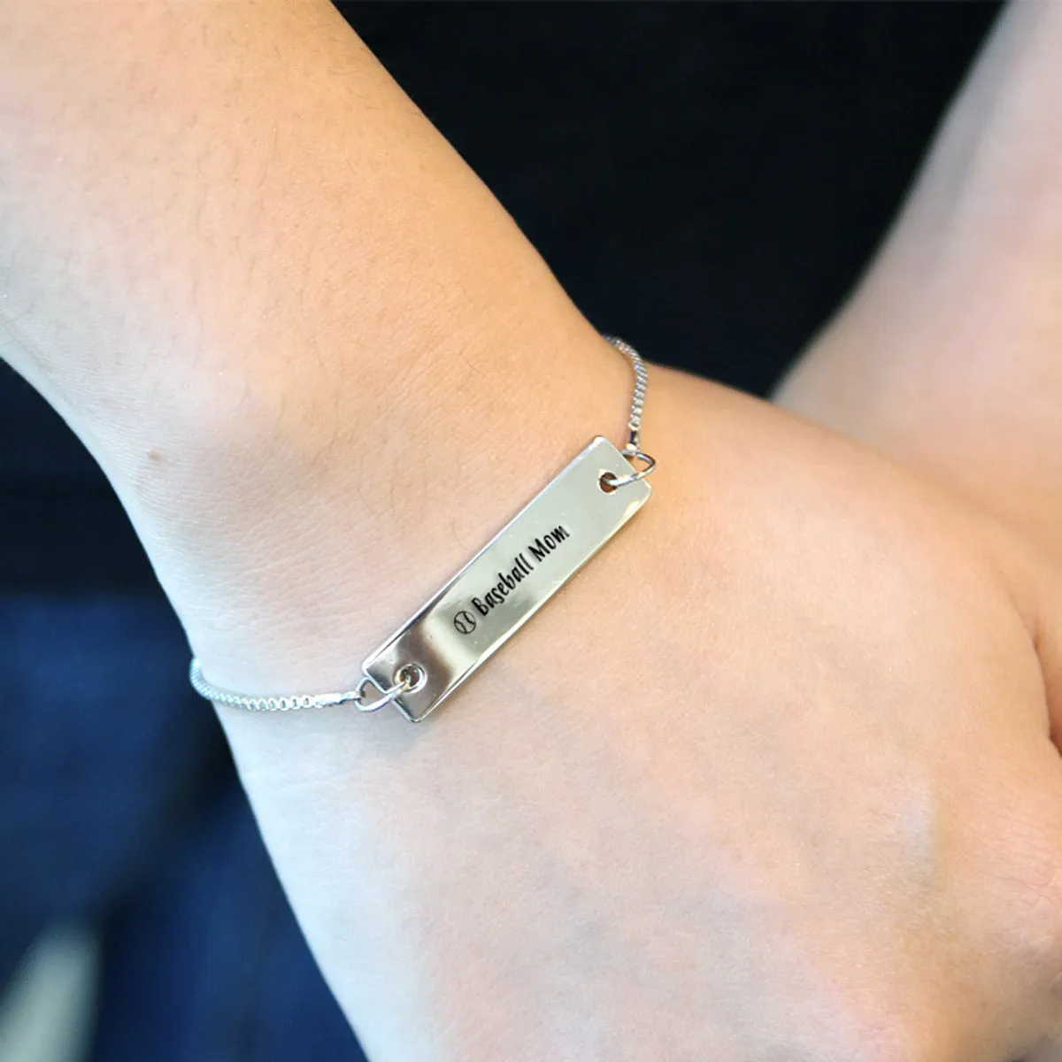 Silver Baseball Mom Adjustable Bar Bracelet