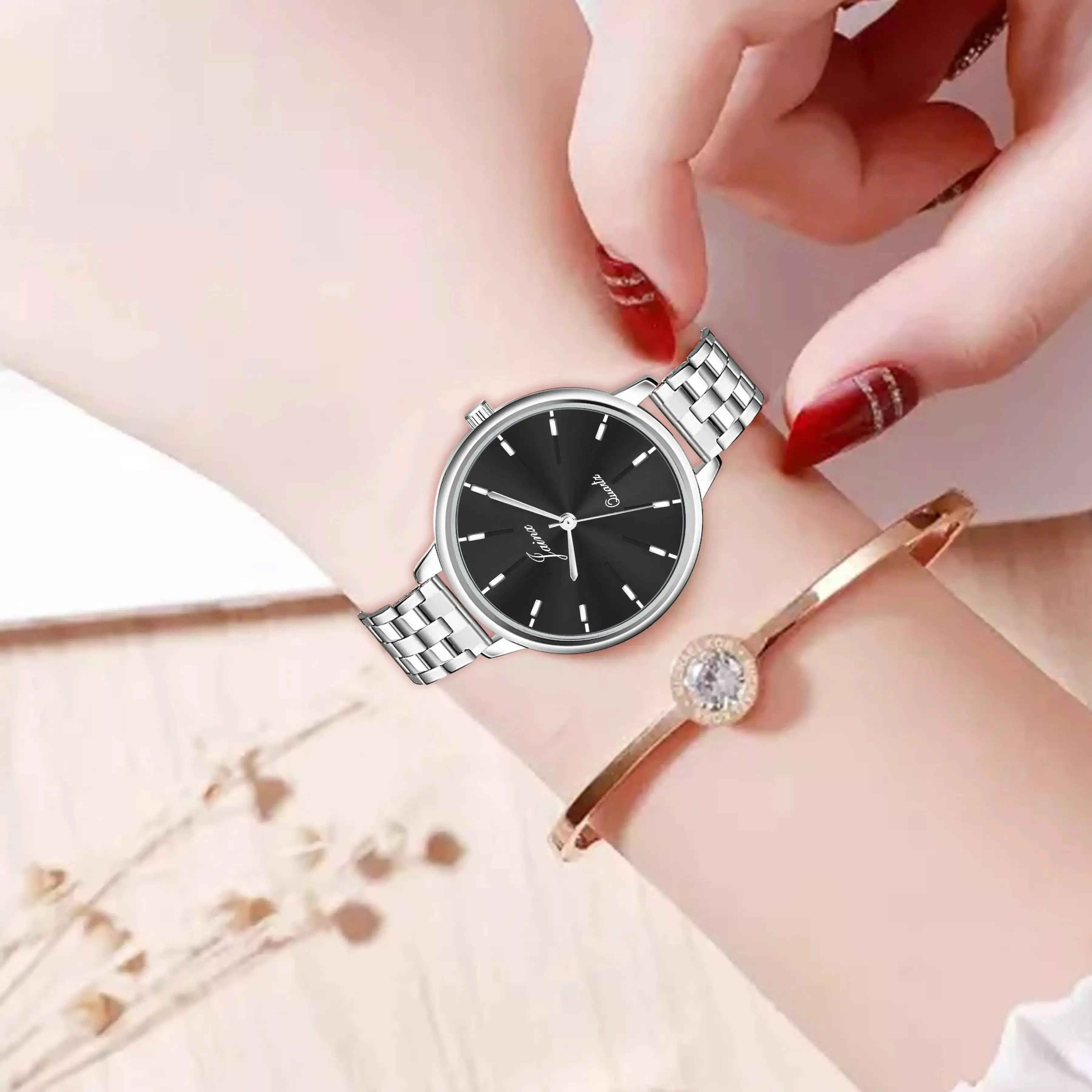 Silver Chain Black Dial Analog Wrist Watch For Women - JW8573