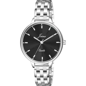 Silver Chain Black Dial Analog Wrist Watch For Women - JW8573