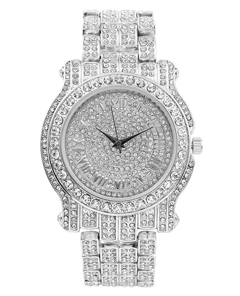 Silver Color Watch Simulated Diamond Watch Bundle Cuban Bracelet Tennis Necklace Diamonds Bust Down Ring Set