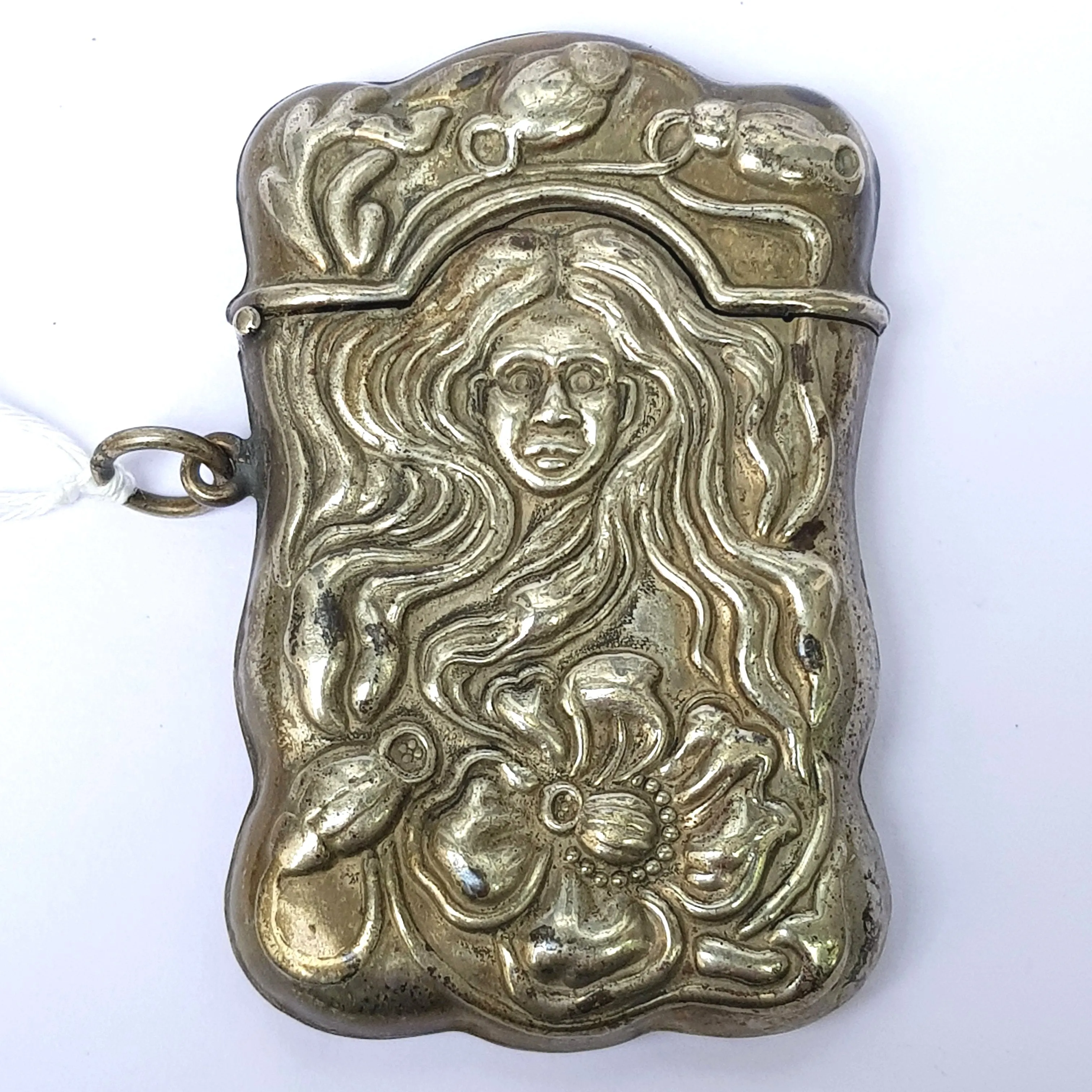 Silver Plated Match Vesta Case Ladies Head In Flowers Rare Pattern Victorian Art Nouveau Circa 1900