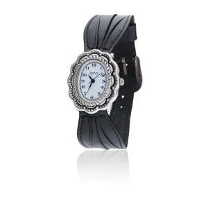 Silver Scalloped Southwestern Designed Watch with a Black Bow Leather Band and a Silver Buckle.