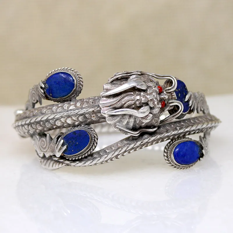 Sinuous Sterling Chinese Dragon Bangle with Lapis & Coral