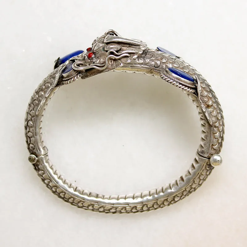 Sinuous Sterling Chinese Dragon Bangle with Lapis & Coral