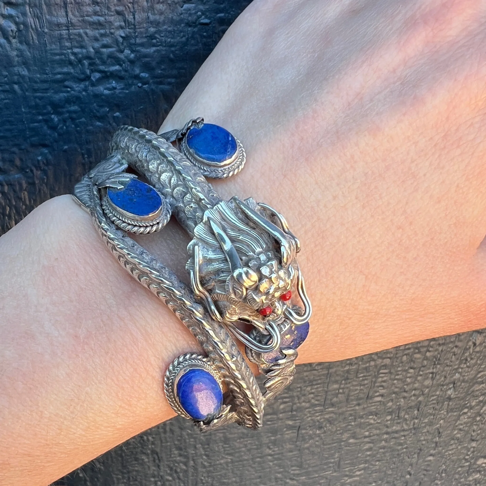 Sinuous Sterling Chinese Dragon Bangle with Lapis & Coral