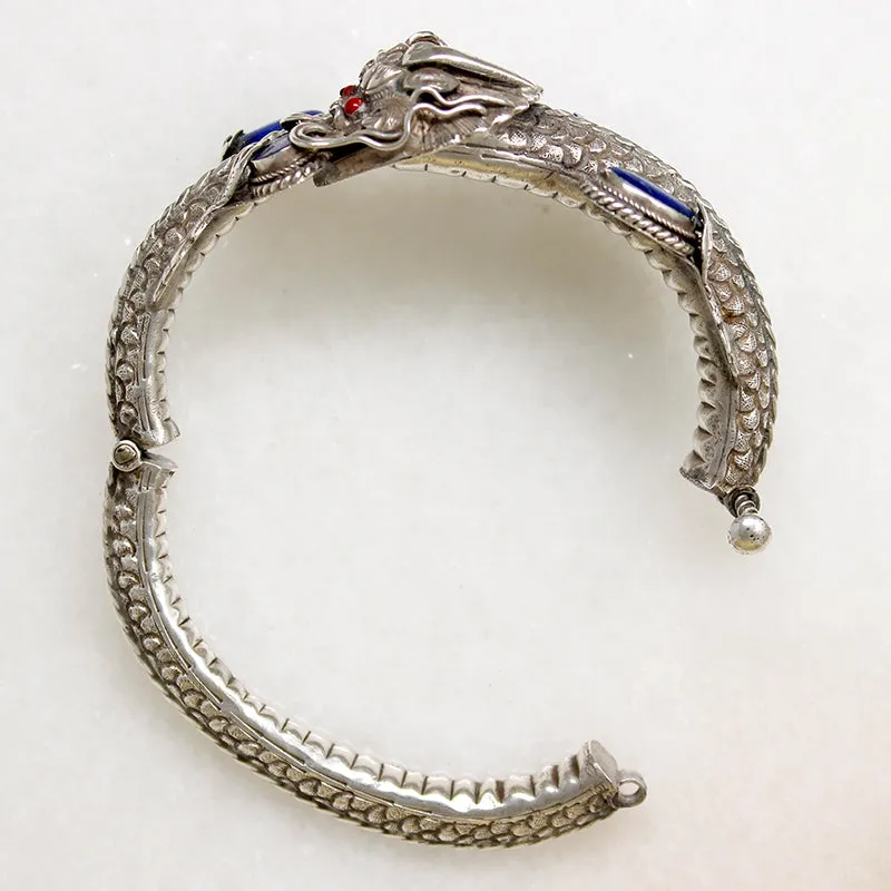 Sinuous Sterling Chinese Dragon Bangle with Lapis & Coral