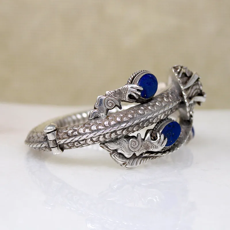 Sinuous Sterling Chinese Dragon Bangle with Lapis & Coral