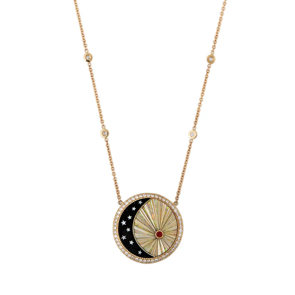 SMALL PAVE ROUND ONYX STAR CRESCENT   OPAL RAYS INLAY NECKLACE