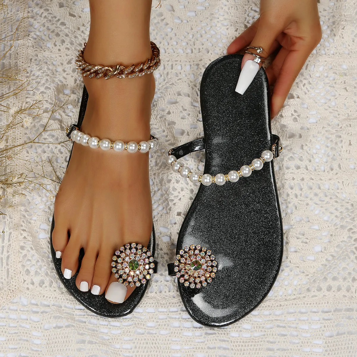 Sohiwoo Women Pearl Toe Ring Slip on Flat Slippers Slide Sandals