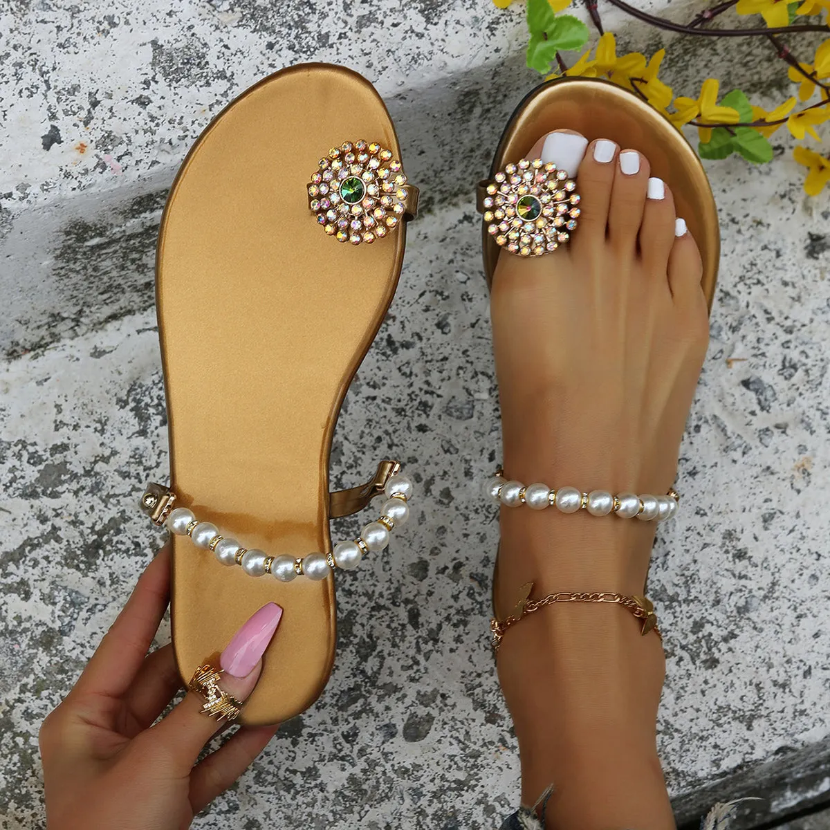 Sohiwoo Women Pearl Toe Ring Slip on Flat Slippers Slide Sandals