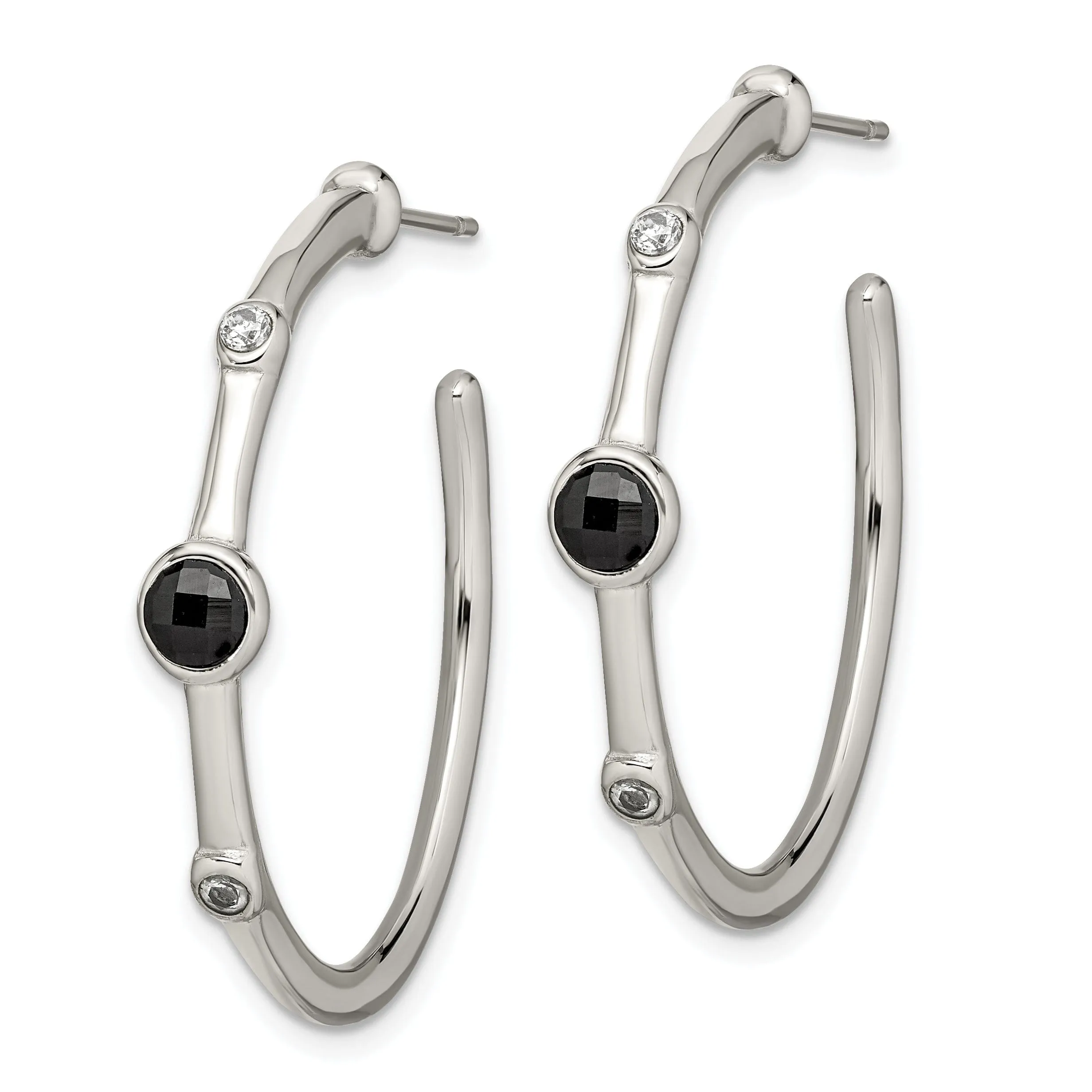 Stainless Black Onyx C.Z Post Hoop Earrings