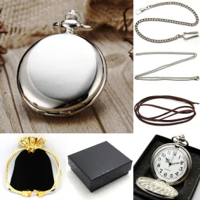 Steampunk Pure Silver Pocket Watch Chain Necklace/Pendant Gift Box Bag Set P300CKWB