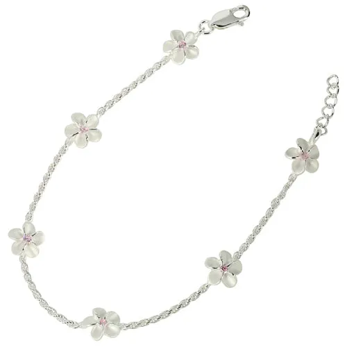 Sterling Silver 8mm Plumeria with Pink CZ Rope Chain Bracelet