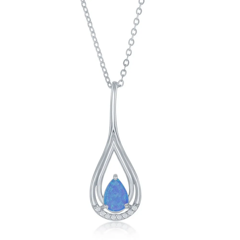 Sterling Silver Created Blue Opal Pendant with CZ Accents (95239)